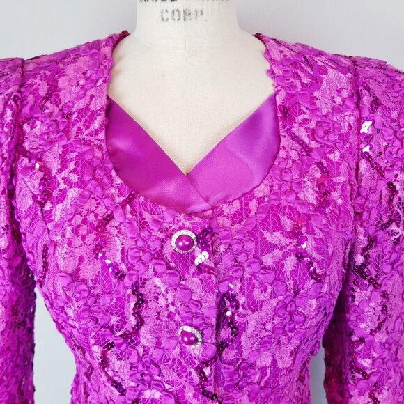 Vintage 1980's Fuchsia Sequin Ruffled Blouse & Skirt Set by Nancy Bracoloni - Picture 11 of 15